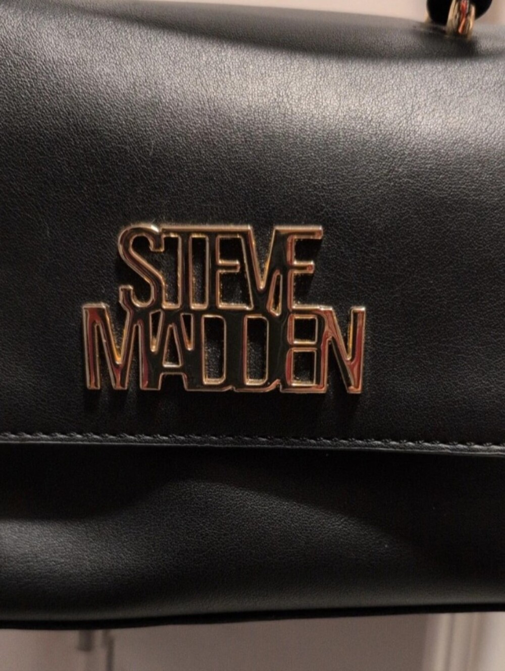Steve Madden Black Leather Messenger Bag with Gold Logo